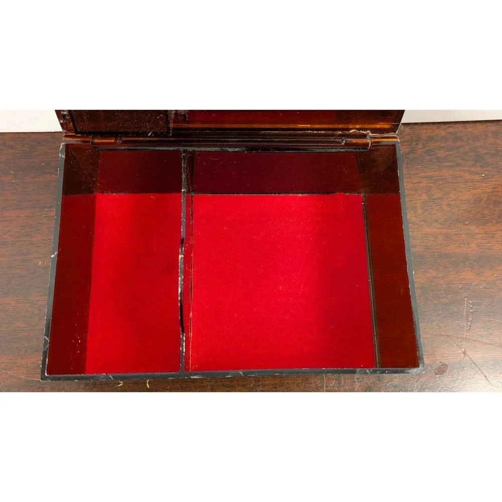 Vintage Floral Amber Acrylic Jewelry Box Mirrored Lid Lucite Style Trinket Box